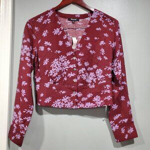 NWT Madewell Button Front V-Neck Cropped Long-Sleeved Cabernet Floral Top Sz XS